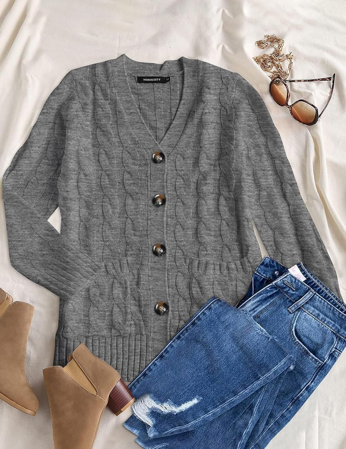 Women'S Long Sleeve Cable Knit Sweater Open Front Cardigan Button Loose Outerwear