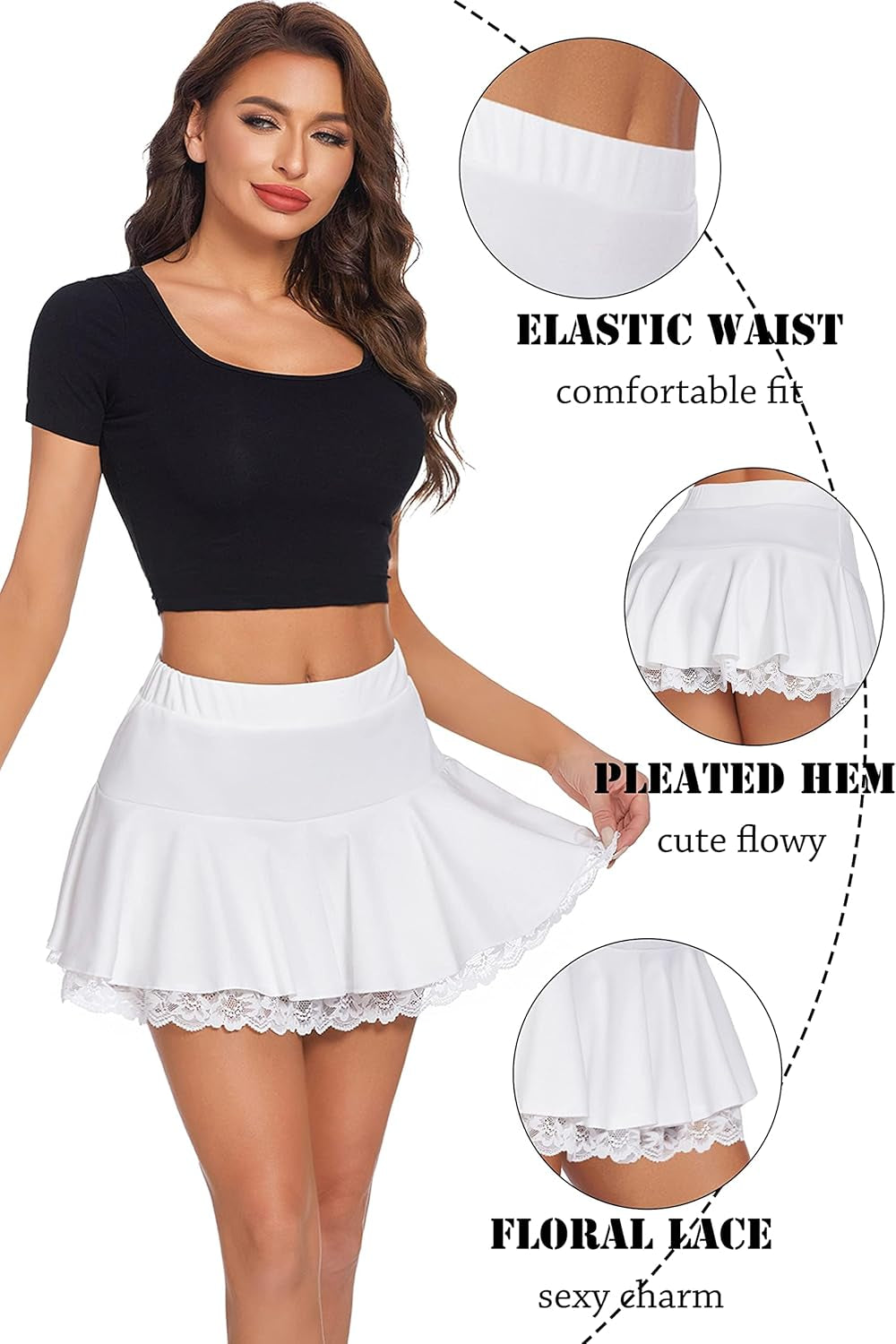 Women Pleated Mini Skirt Sexy Lace Ruffle Solid Skirt Lingerie Short Skirts