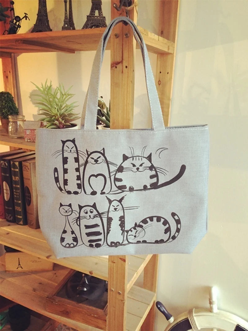 Cartoon Cats Printed Beach Zipper Bag Women Fashion Canvas Tote Shopping Handbags