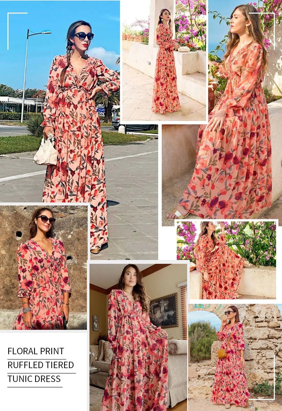 Women'S Red Floral Maxi Dresses Casual Deep V Neck Long Sleeve Evening Dress Cocktail Party Dress for Women, US 8-10(M)