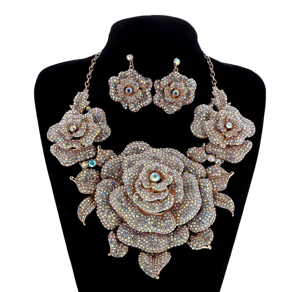 Bridal Jewelry Sets for Women Accessories Crystal Rhinestone Big Flower Gold Wedding Necklace and Earrings Set Party Jewellery