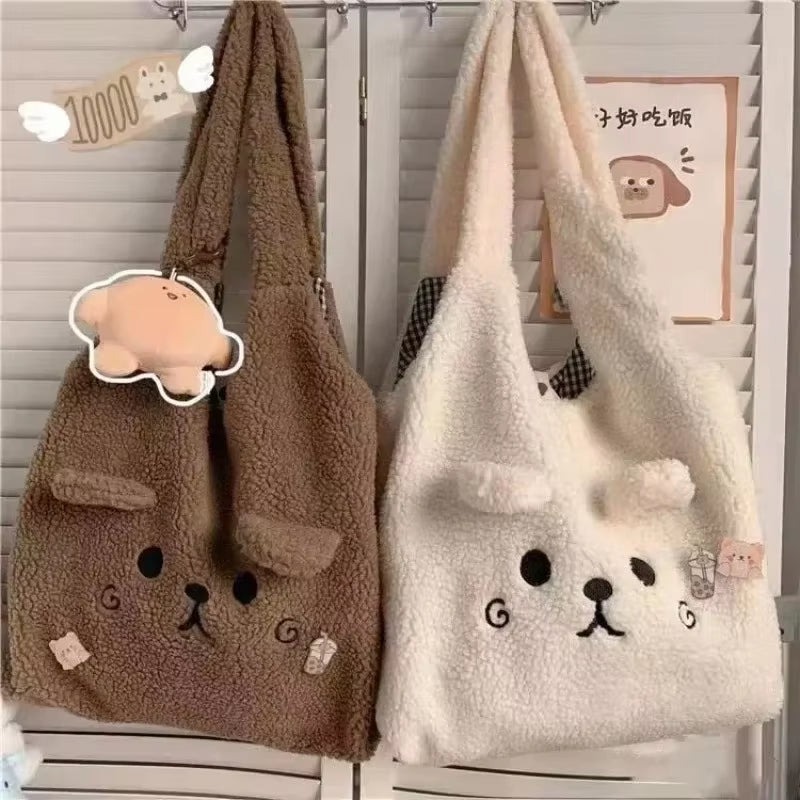 New Winter Soft Plush Tote Bag Women Cartoon Embroidery Imitation Lamb Hair Shoulder Bag for Women Shopper Bag Bolsa No Pendant